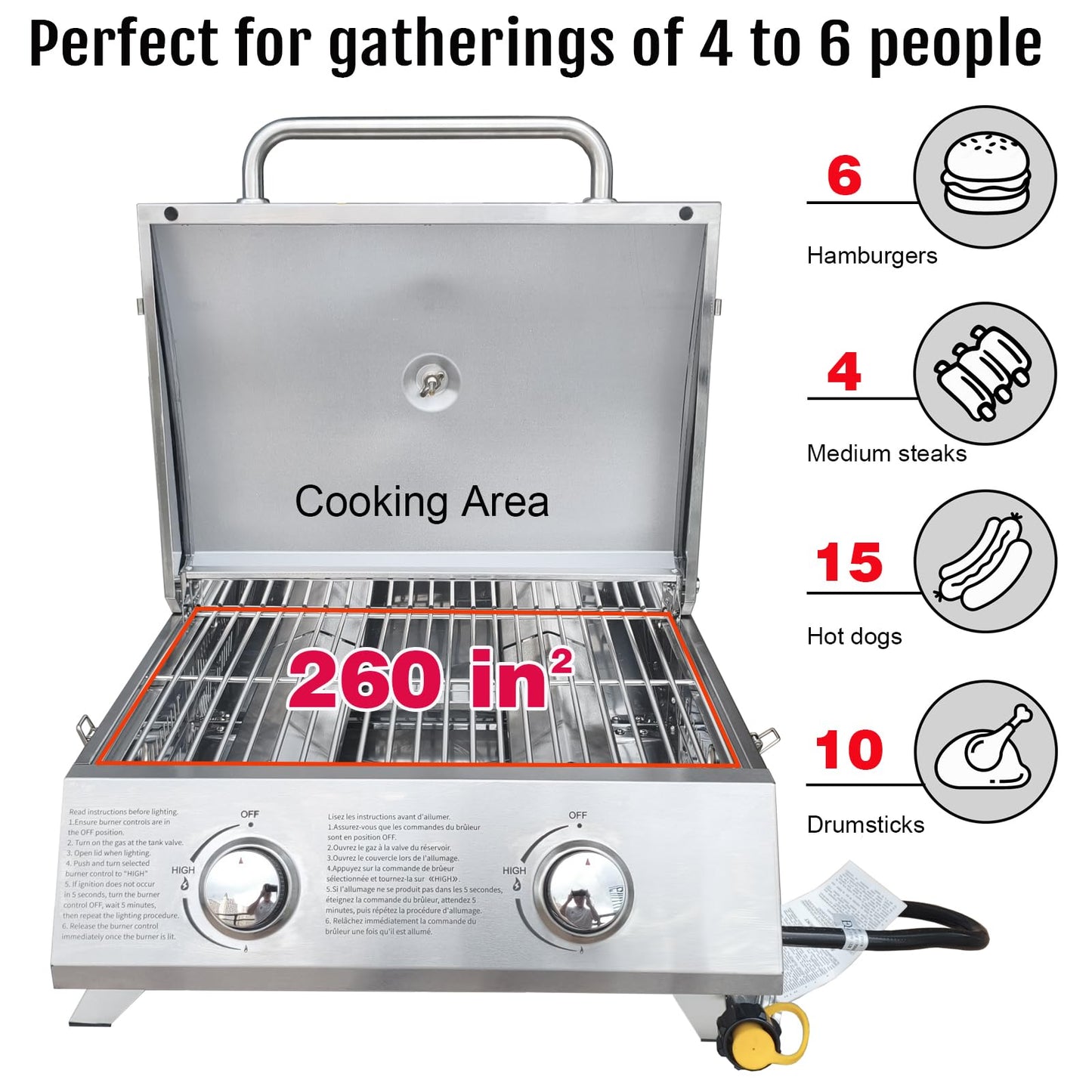 BBQCuker Small Tabletop Gas Grill 2-Burner, Portable Propane Gas Grill with Foldable Legs for Outdoor Camping Cooking Two 10,000 BTU Burners Stainless Steel,Built-in Thermometer