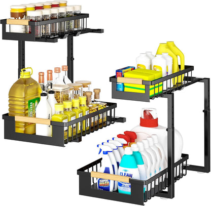 Under Sink Organizer - L-Shape 2-Tier Pull-Out Cabinet Storage Rack | Adjustable Height, Black, 2 Pack