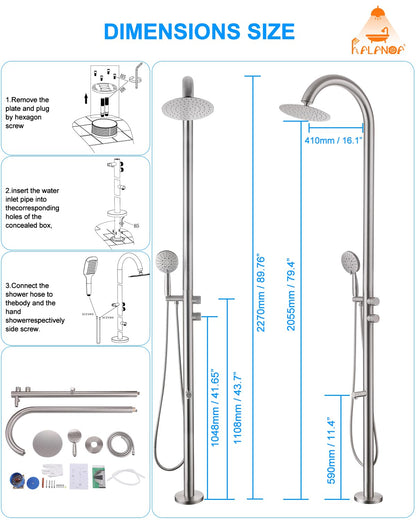 RALANDA Free Standing Outdoor Shower, 5-Function Shower Kit Nickel with 10''Rain Shower Head, Stainless Steel Outdoor Shower Fixture for Backyard Beach Poolside,Floor Mounted
