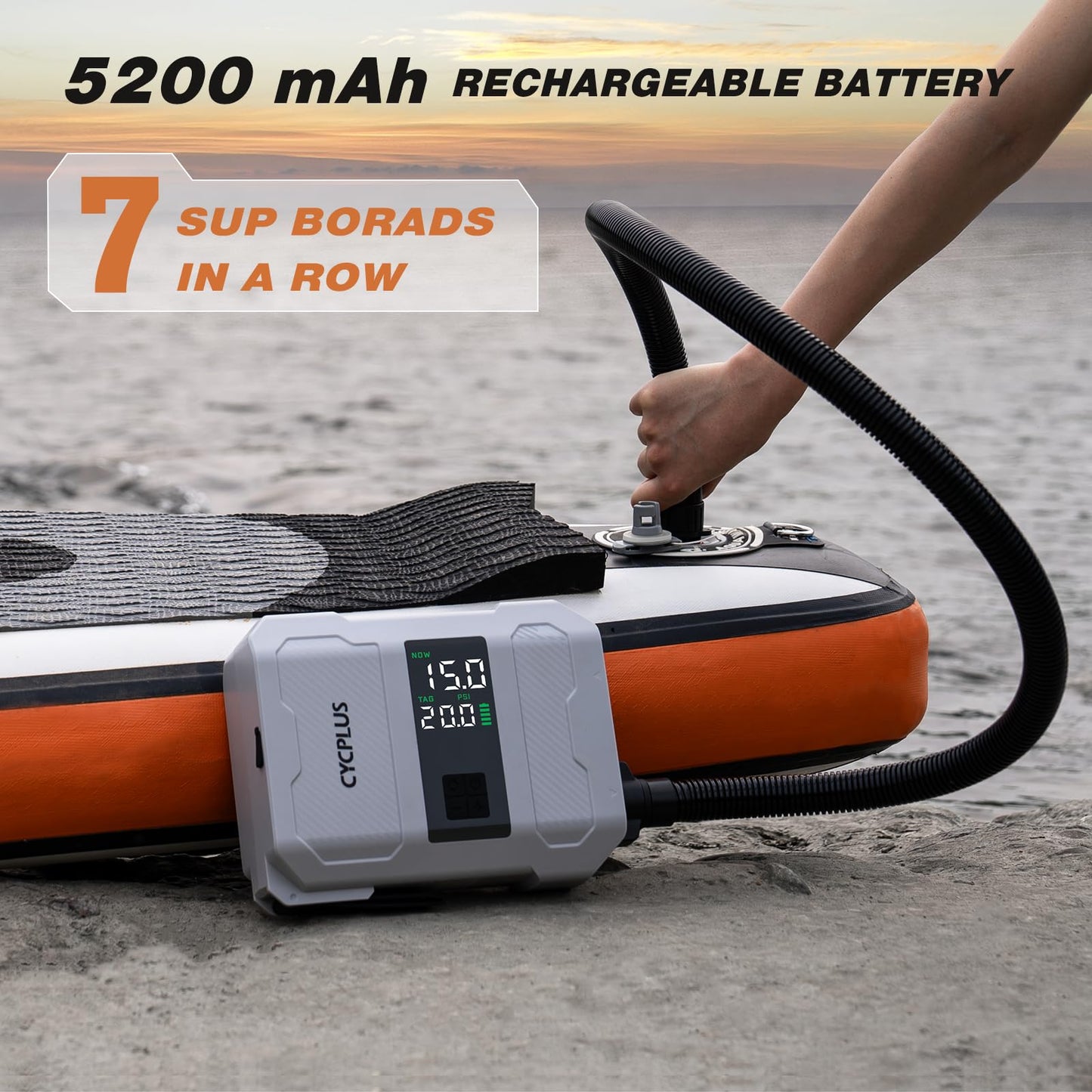CYCPLUS 20PSI Rechargeable Paddleboard Pump - Intelligent Fast Dual-Stage Inflation, Deflation Function, Auto-Off &Dual LED Display, Suitable for Stand-Up Paddleboard, Inflatable Boat Tent Mattress