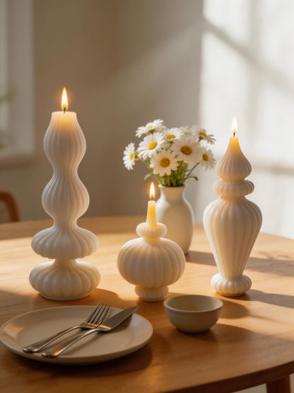 Ribbed Pillar Candles Set of 3，Modern Aesthetic Decorative Candle Set Cute Soy Wax Scented Ribbed Decor for Home Bathroom Living Room，White