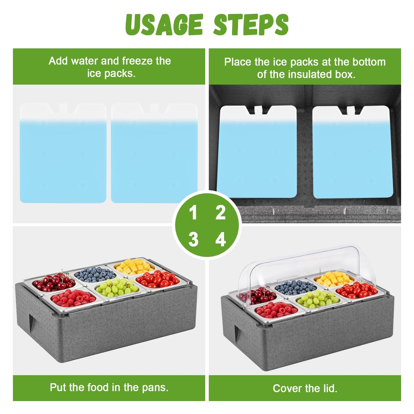 Tragaomx Insulated Cold Food Buffet Ice Serving Tray with Lid Insulation Box 6 Pans 2 Ice Packs Cooled Condiment Serving Container Ice Platter Food Cooler For Parties Buffets Fruit