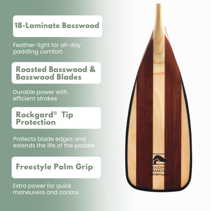 Bending Branches Explorer Plus Wood Canoe Paddle – 18-Laminate Basswood Shaft, Hardwood Blade with Fiberglass Wrap and Rockgard® Protection, Freestyle Palm Grip for Wilderness & Flatwater (54")