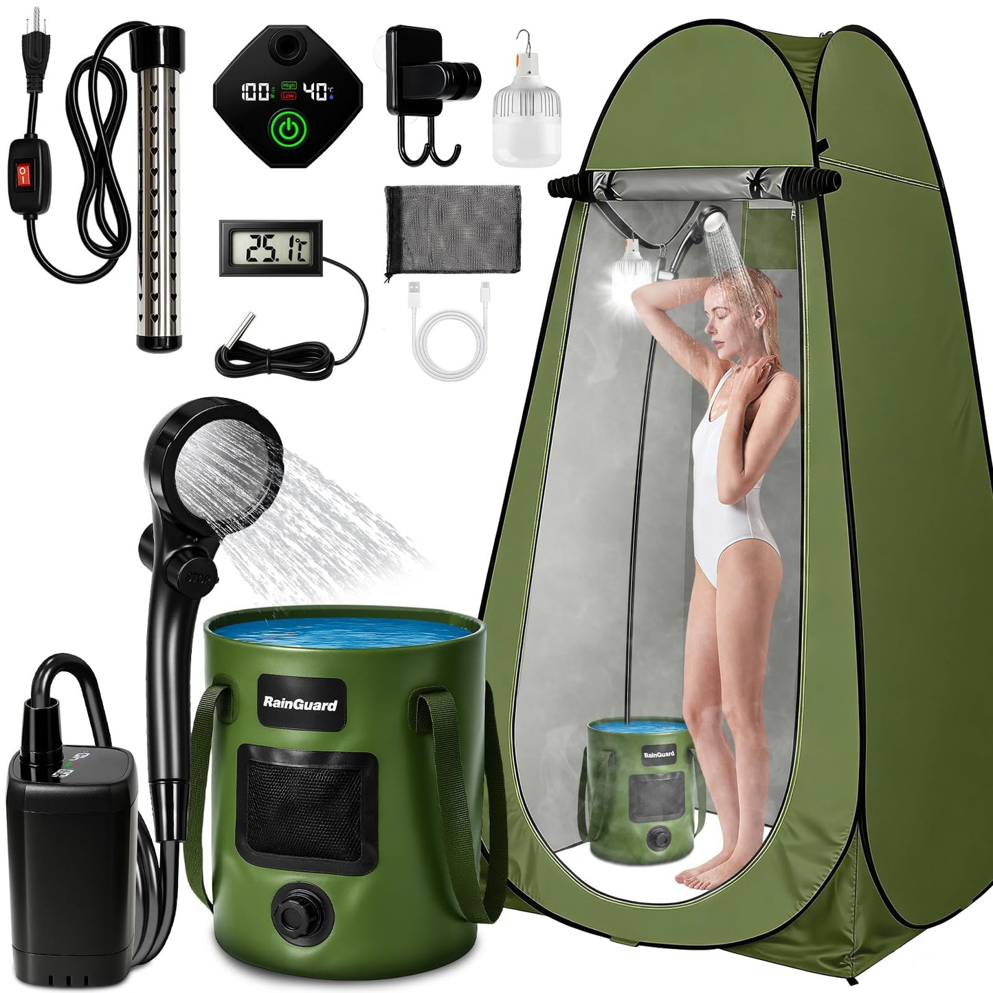 Portable Shower with Heater, Pop Up Camping Shower Privacy Tent Kit with LED Lights, 6000mAh Rechargeable Shower Pump, 6.6 Gal Foldable Bucket, Outdoor Camp Shower Kit for Travel, Pet Bath, Car Wash
