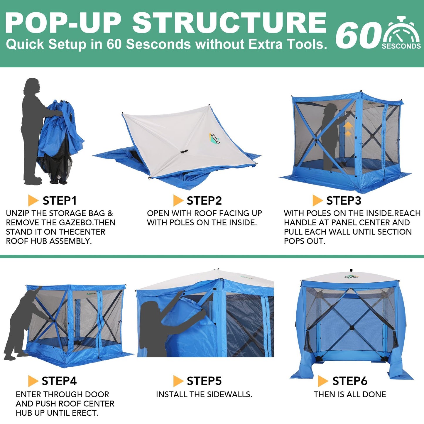 COBIZI 6x6 FT Pop up Gazebo Tent, Screen Tent with Sidewalls, Waterproof Portable Outdoor Small Screen Tents Sun Shelter, Carpas para Patio for Outdoor Camping, Backyard and Garden, Blue