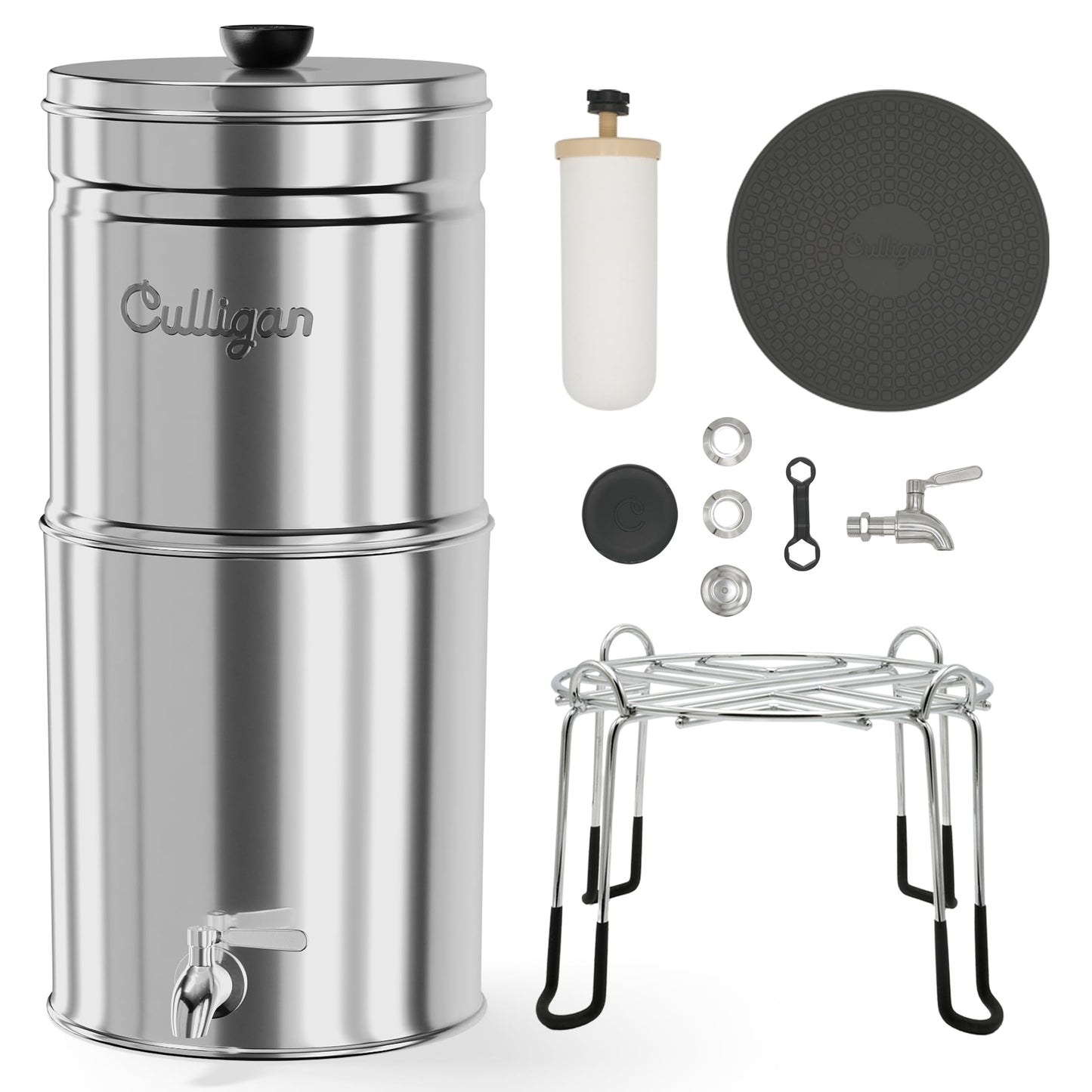 Culligan MaxClear 3 Gallon Gravity Water Filter System, Polished Stainless-Steel Countertop Water Filter NSF/ANSI Certified to Reduce Microplastics, Lead & Total PFAS, with 1 Ceramic Filter