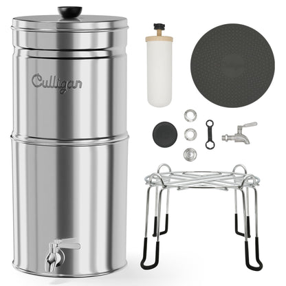Culligan MaxClear 3 Gallon Gravity Water Filter System, Polished Stainless-Steel Countertop Water Filter NSF/ANSI Certified to Reduce Microplastics, Lead & Total PFAS, with 1 Ceramic Filter