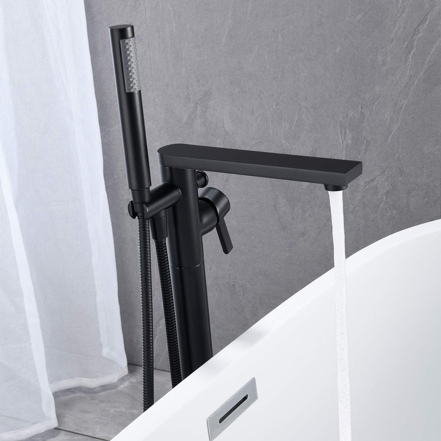 Wowkk Freestanding Bathtub Faucet Tub Filler Black Floor Mount Brass Single Handle Bathroom Faucets with Hand Shower