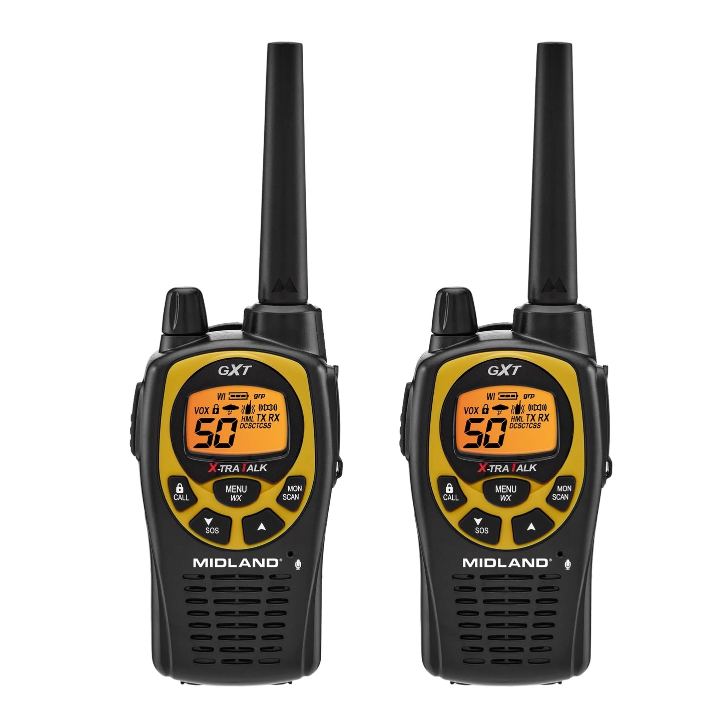 Midland GXT1030VP4 GMRS Two-Way Radio (50-Channel, Long Range, 142 Privacy Codes, SOS, NOAA, Rechargeable Nickel Battery, Black/Yellow, 2-Pack)