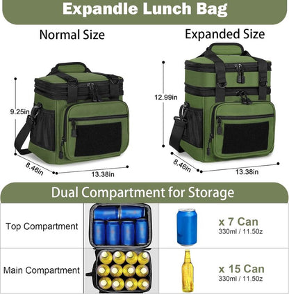 GLENKEY Tactical Lunch Box Cooler Bag - Expandable Insulated Lunch Bag for Men Women - XLarge Lunchbox for Adults Work Shifts Outdoor Trips Army Green 22L