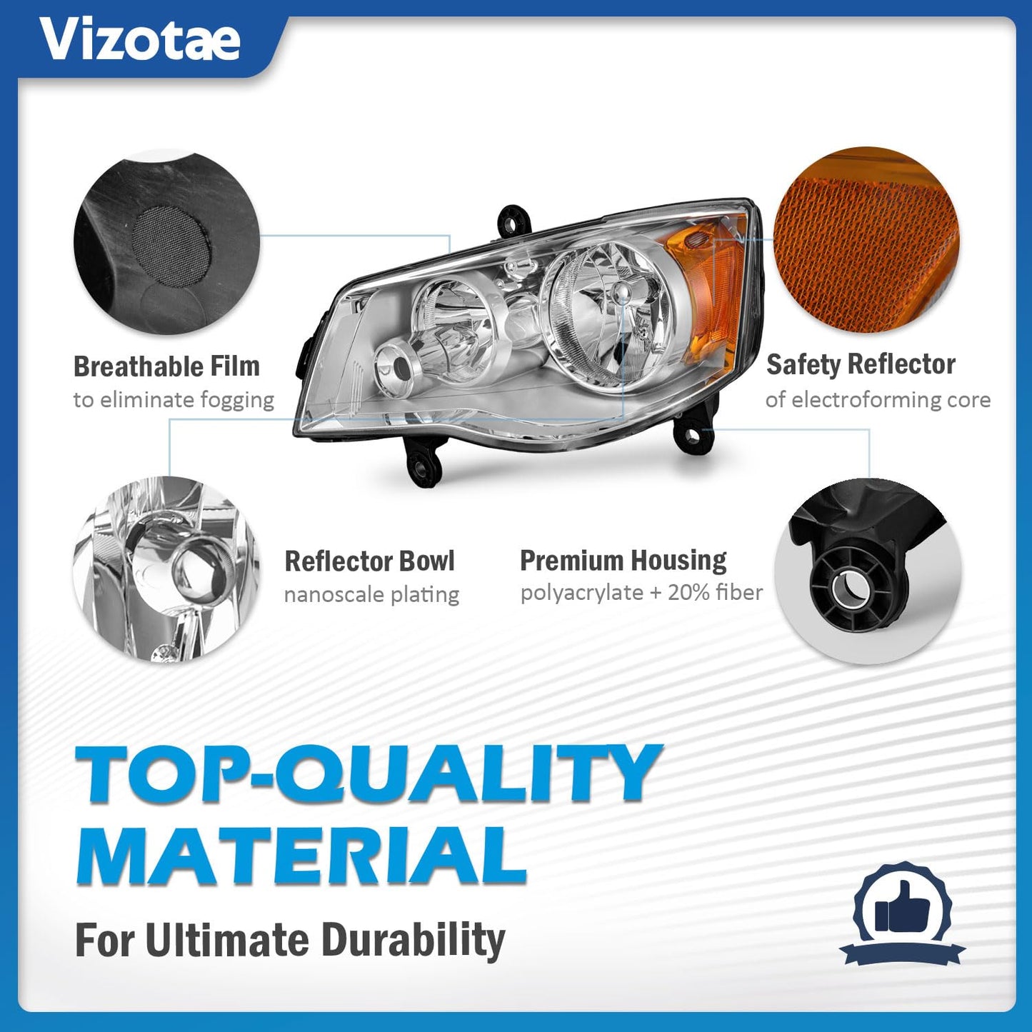Vizotae Headlights Assembly for 2011-2020 Dodge Grand Caravan, for 2008-2016 Chrysler Town Country High/Low Beam with Bulbs, Passenger and Driver Side