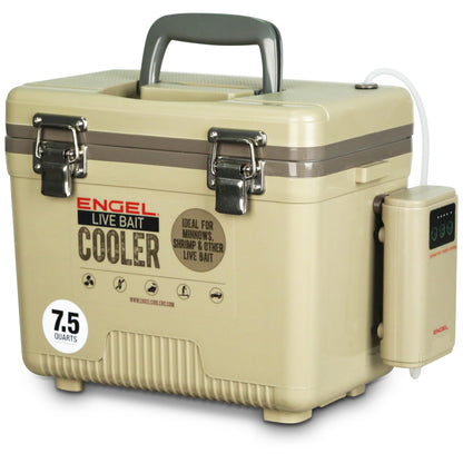 ENGEL 7.5 Quart Live Bait Cooler PRO for Fishing - Portable Minnow and Bait Bucket with Lithium-Ion Rechargeable Aerator - Tan (7.5Qt)