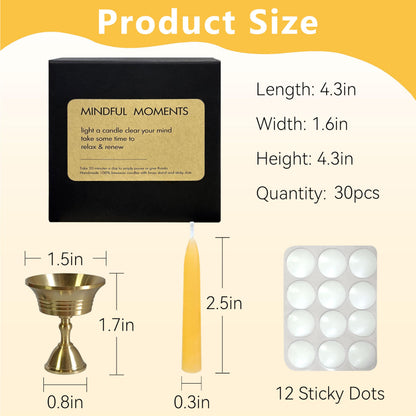 20 Min Beeswax Meditation Candles – 30 Pack, Includes Mini Candle Holder & 12 Wax Dots, Slow Burn, Natural Unscented, Yoga Prayer Mindfulness & Relaxation