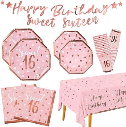 Rose Gold &amp Pink Sweet 16 Birthday Bundle: Party Supplies Set with paper Plates Napkins Cups Tablecloth &amp Banner - Sweet Sixteen Decorations Party Favors Serves 25