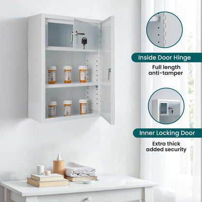 Wall Mounted Locking Medicine Cabinet - Metal Medicine Cabinet with Lock, Double Security Door for Safe Medicine Storage, Adjustable Shelf, White, 12" W x 18" H x 6" D