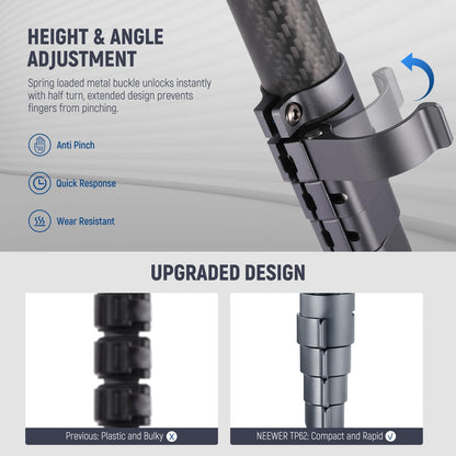 NEEWER LITETRIP LT32 Camera Travel Tripod, Carbon Fiber Portable Stand, Ball Head Detachable Center Axis Flip Buckle Cleaning Cloth Arca QR Plate Compatible with PD (Former TP62)