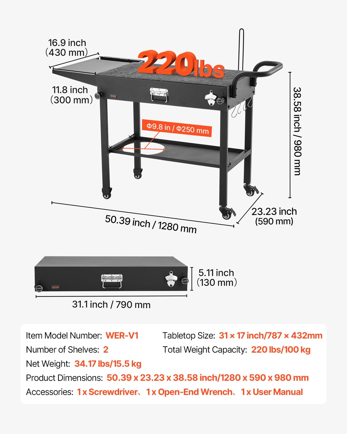 VEVOR Outdoor Grill Cart, 31.0 x 17.0 inch Tabletop Size Grilling Table, Foldable Outdoor Cooking Table with Tissue Holder, Hooks, Wheels, Side Table, BBQ Prep Tables for Picnic, Kitchen, Courtyard