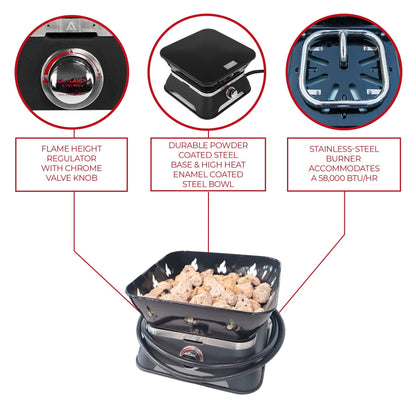 Outland Living Firebowl 805 Firecube 14” Portable Square Smokeless Propane Fire Pit – Outdoor Gas Fire Pit with Cover & Carry Kit, Lava Rocks, 58,000 BTU, Black
