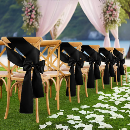 Skiennix Black Satin Chair Sashes - Elegant Bows for Weddings & Events | 6 x 108 Inch