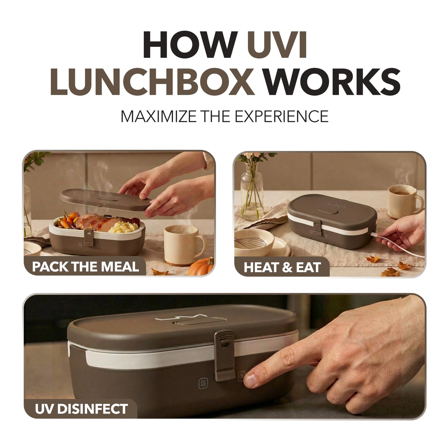 UVI, Self Sanitizing Electric Lunch Box for Adults, Portable Food Warmer for Work & Travel, Portable Heated Lunch Box for Men & Women (Charging Box Not Included)