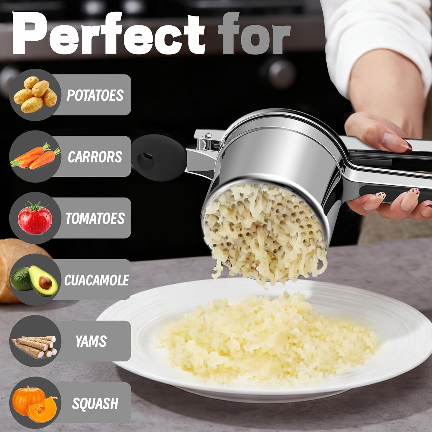 Skiennix 15oz Potato Ricer - Heavy Duty 18/8 Stainless Steel Masher for Baby Food & Spaetzle | Black