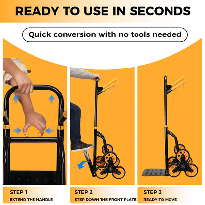 Stair Climbing Dolly - Heavy Duty Stairs Climber Hand Truck for Moving, 380LBS Capacity Folding Cart with 5.9" Triple Wheels, Adjustable Handle, Portable for Home Furniture Grocery Warehouse Office