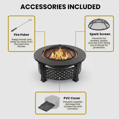 Fire Pit - 32-Inch Outdoor Fireplace with Spark Screen, Poker, and Cover - Wood-Burning Fire Pit for Yard, Patio, or Camping by Pure Garden (Bronze)