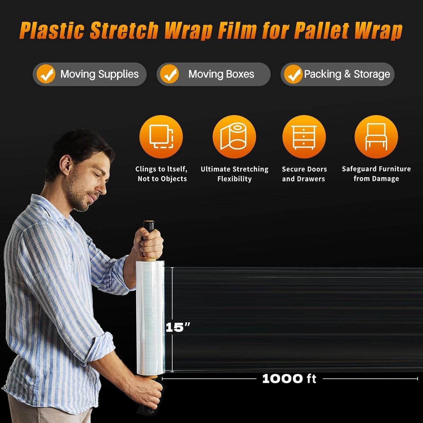 Stretch Film Shrink Wrap - Industrial Strength 15 Inch x 1000ft | 2 Pack Clear Plastic Wrap for Moving & Storage