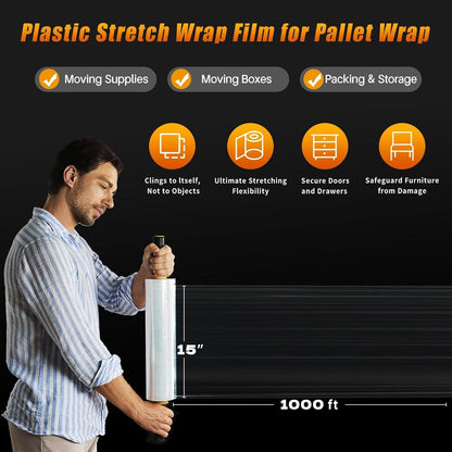 Stretch Film Shrink Wrap - Industrial Strength 15 Inch x 1000ft | 2 Pack Clear Plastic Wrap for Moving & Storage
