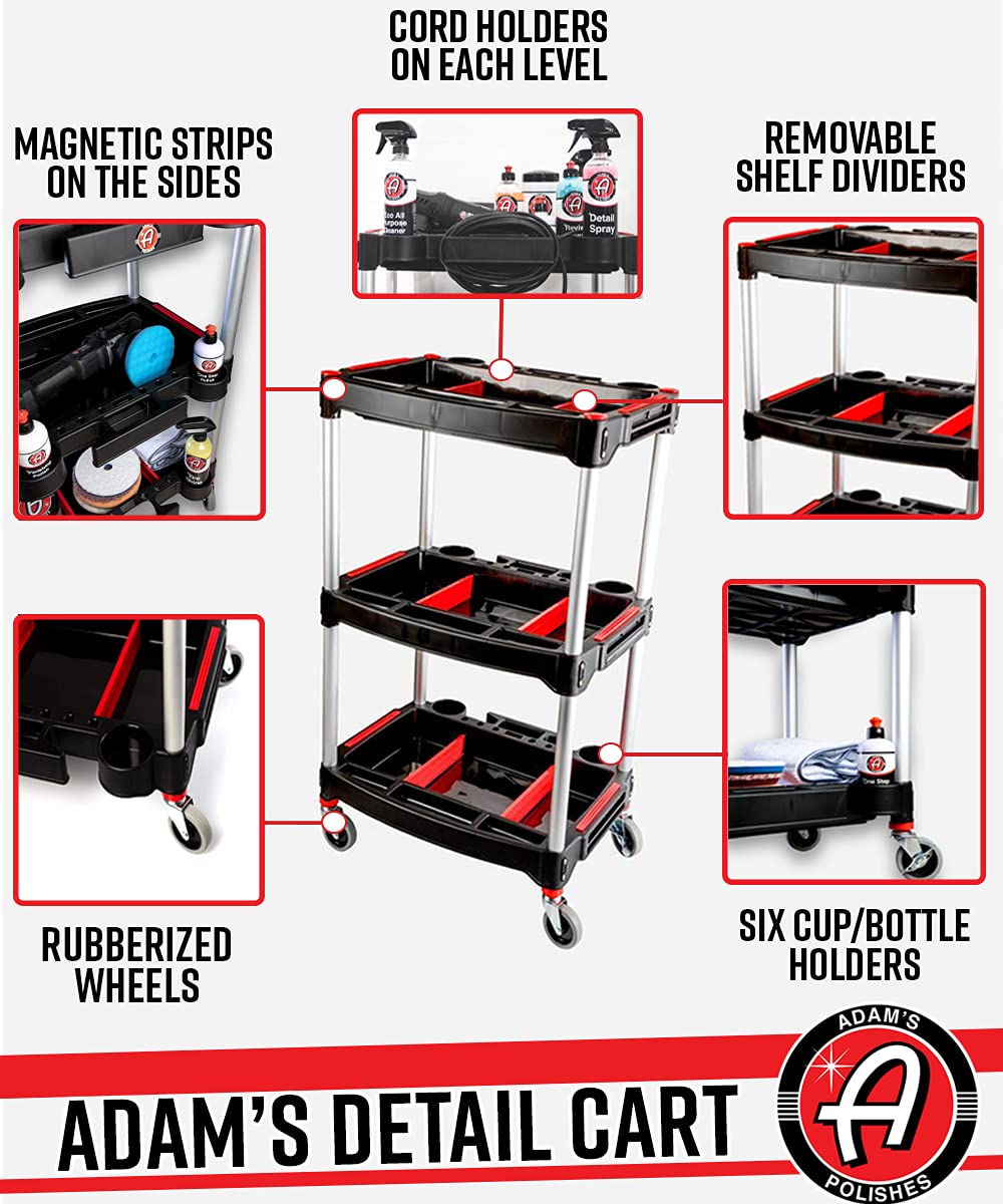 Adam's Polishes Standard Detailing Cart, Custom Mobile Rolling Utility Detailing Tool Cart Organizer for Garage DIY Home Projects, Extra Storage for Mechanics & Detailers During Repairs Car Wash/Wax