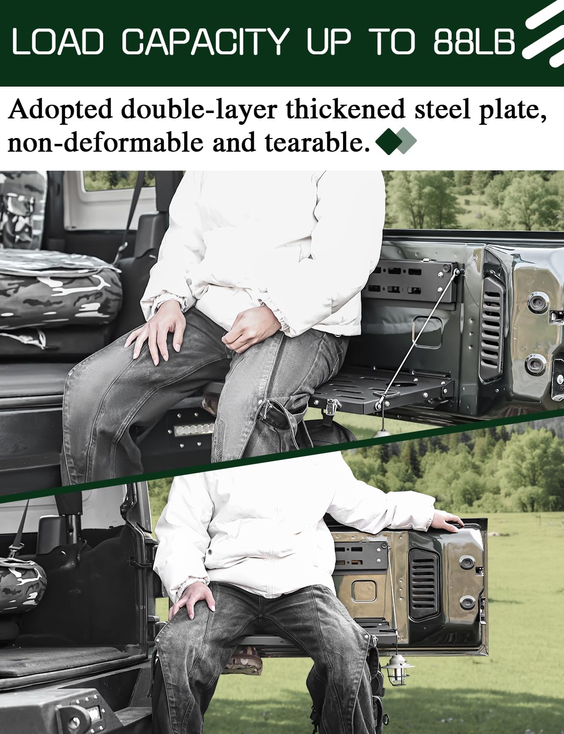 JROAD No-Drill Tailgate Table for Jeep Wrangler JK 2007-2018,Foldable Jeep JK Tailgate Storage Cargo Rack with MOLLE Panel,Heavy Duty 88 lbs Capacity,Not Fit Trunk with Factory Subwoofer