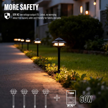 VENUS MANUFACTURING 12V Low Voltage Landscape Path Lights, 4-Pack 2.2W LED 2-Tier Tiered Path Lights (3100K Warm White) Landscape Lighting, Die-Cast Metal Housing with Stake, IP65 Weatherproof, Black