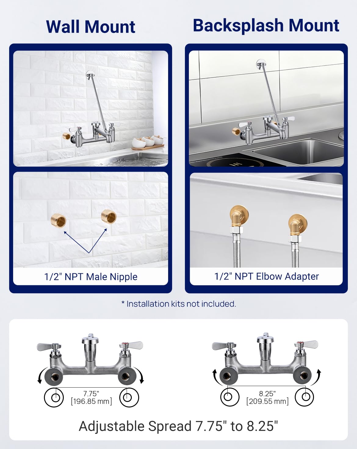 Sepaitek Commercial Mop Sink Faucet 8" Center Wall Mount, Heavy-Duty Service Sink Faucet with Vacuum Breaker 3/4" Hose Thread, for Industrial Outdoor Janitor Floor Mop Sink, Brass Casted Chrome Finish
