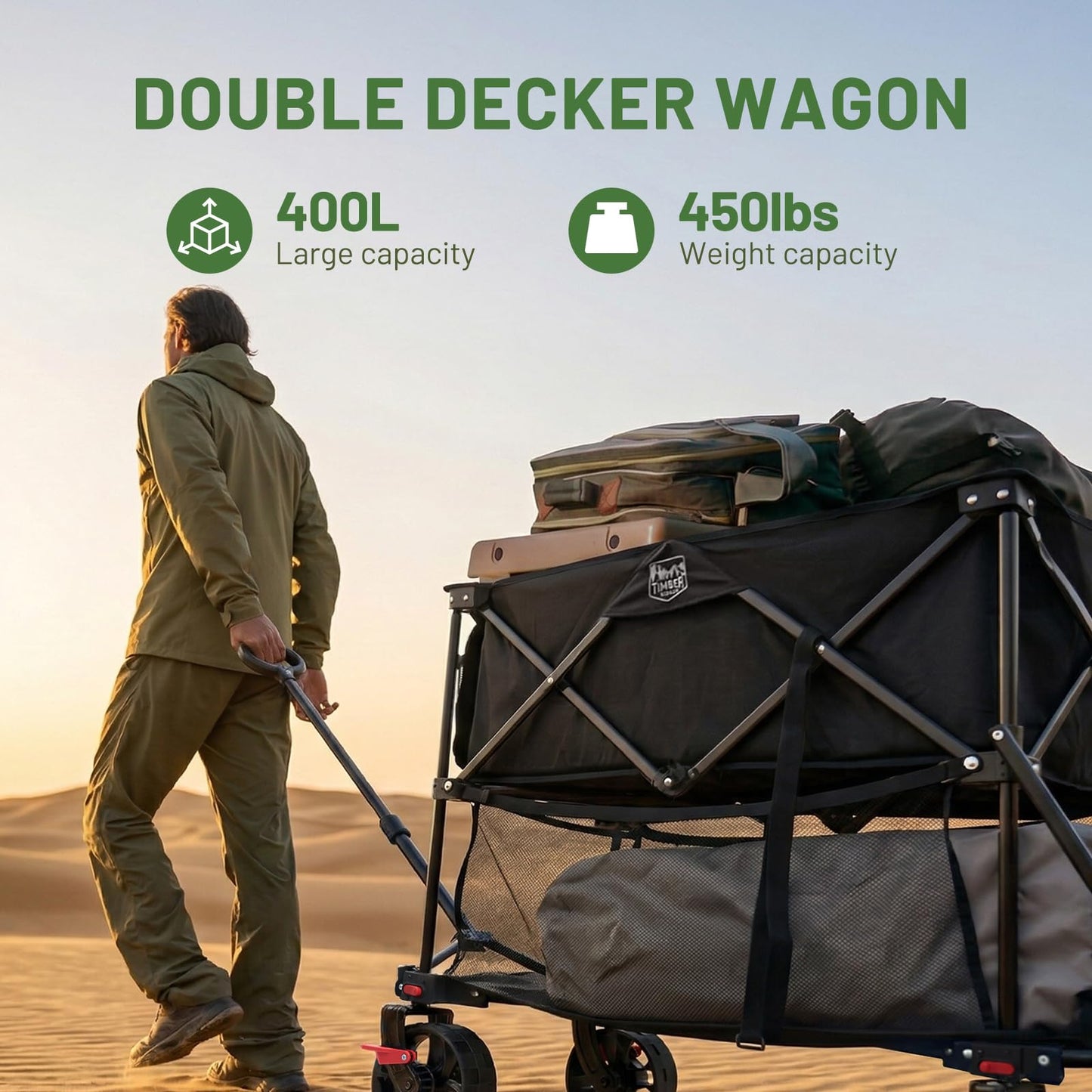 TIMBER RIDGE 400L Large Capacity Folding Double Decker Wagon with Brakes, 54" Extra Long Extender Wagon Cart, 450lbs Heavy Duty Collapsible Cart, All-Terrain Big Wheels for Camping, Sports, Shopping