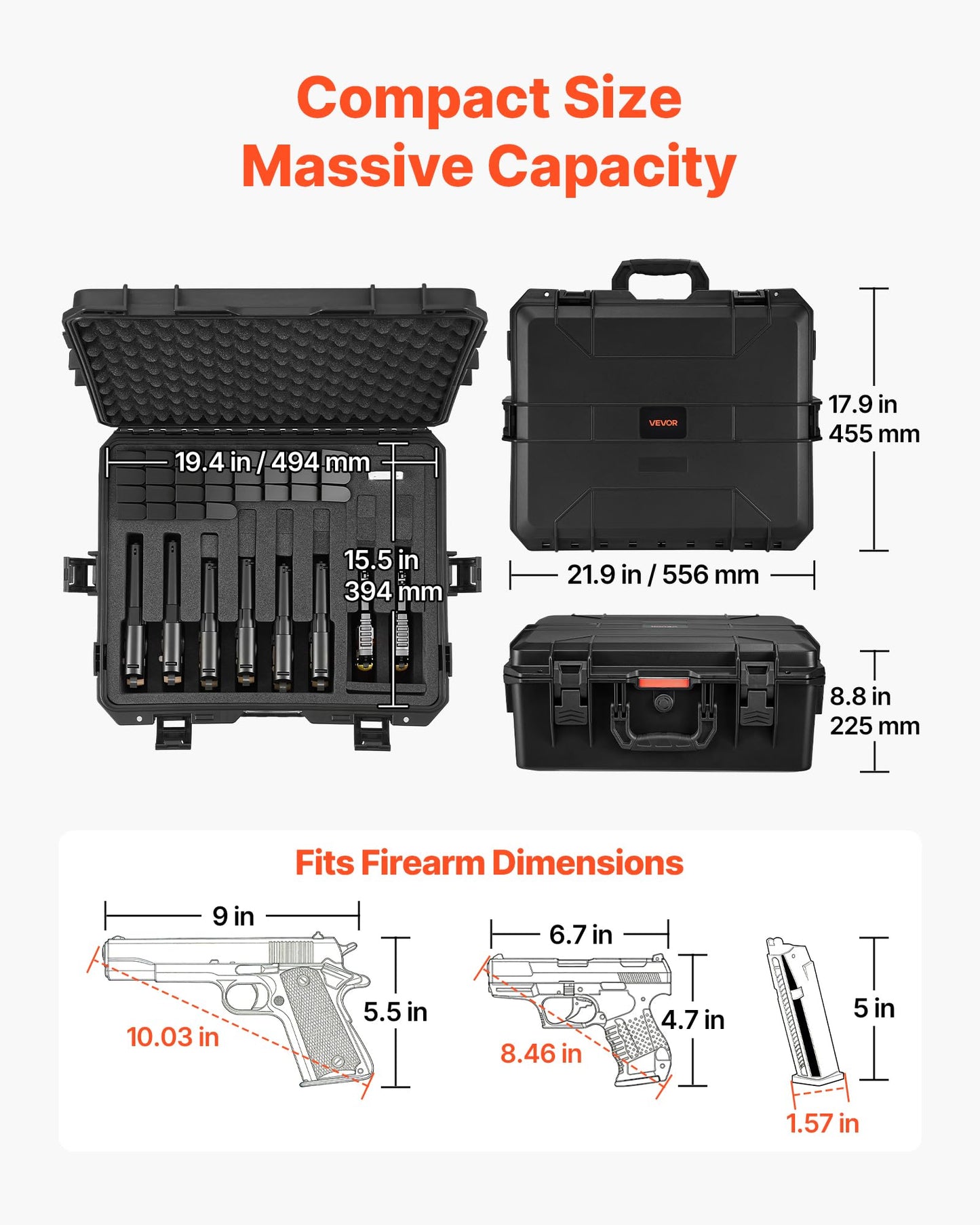 VEVOR Hard Pistol Case, Holds 8 Pistols & 28 Magazine, Hard Gun Case with Pre-Cut XPE Foam Lining, Waterproof Firearm Travel Case with Handle for Gun, Lenses, Camera, Gear, TSA Compliant
