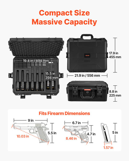 VEVOR Hard Pistol Case, Holds 8 Pistols & 28 Magazine, Hard Gun Case with Pre-Cut XPE Foam Lining, Waterproof Firearm Travel Case with Handle for Gun, Lenses, Camera, Gear, TSA Compliant