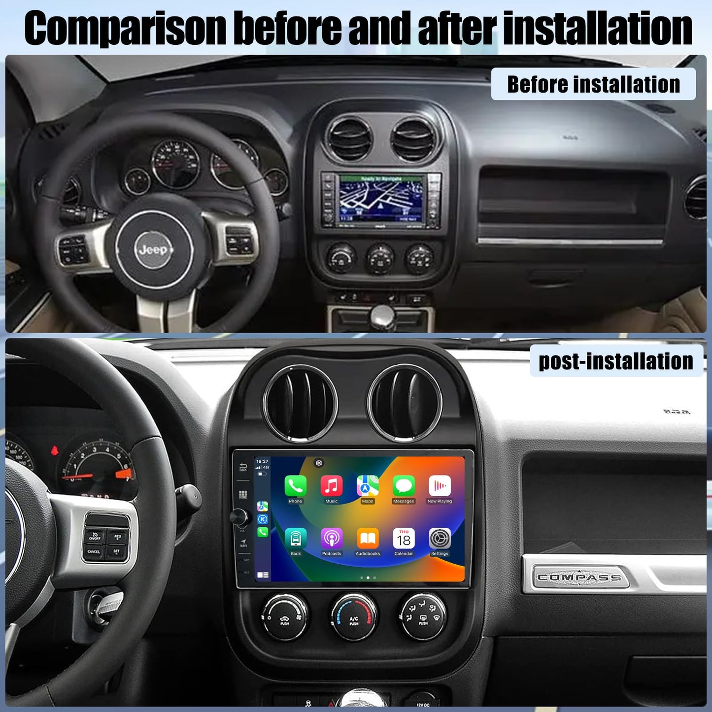 for Jeep Compass Patriot 2010-2016 Android 14.0 Radio Stereo with Control knob Head Unit 10.1-Inch HD Touch Screen with Android Auto CarPlay 5G WiFi GPS Navigation Bluetooth DSP Backup AHD Camera