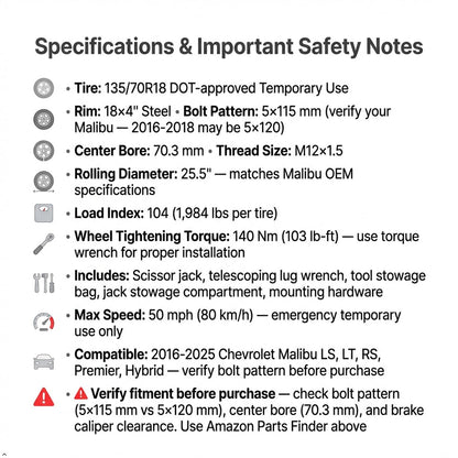 Spare Tire Kit Compatible with 2016-2025 Chevrolet Malibu | 135/70R18 Compact Donut Spare | Complete Roadside Kit Includes Scissor Jack, Lug Wrench & Storage Bag – Fits Under Trunk Floor
