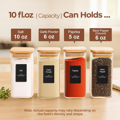 ComSaf 10 oz Glass Spice Jars - 6-Piece Set with Bamboo Lids & Labels | Ideal Kitchen Starter Set
