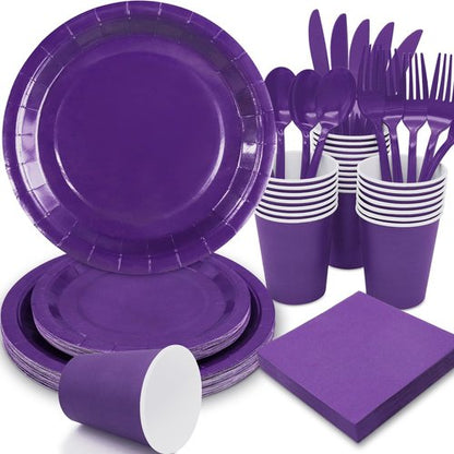 Gudvilla Purple Paper Plates Party Supplies,168pcs Purple Plates and Cups and Napkins Set for Mardi Gras Birthday Decorations Disposable Dinnerware Sets for Women Serve 24
