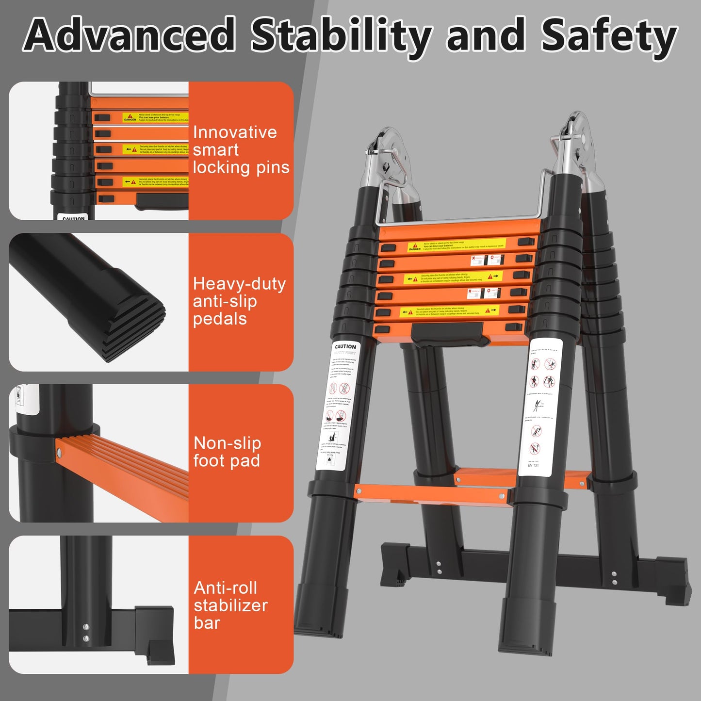 A-Frame Aluminum Telescopic Extension Ladder with Non-Slip Feet, 16.5FT Rv Telescope Foldable Extendable Compact Ladders for House Roof Travel Trailers, Adjustable Retractable, 330lbs Capacity