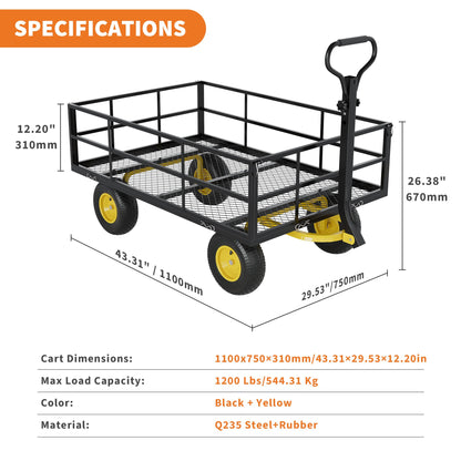 Heavy Duty Steel Garden Cart, 1200 Lbs Garden Wagon with 13" All Terrain Tires, 3-in-1 Metal Utility Wagon with Removable Mesh Side Panels and 180° Rotating Handle for Yard, Lawn and Garden
