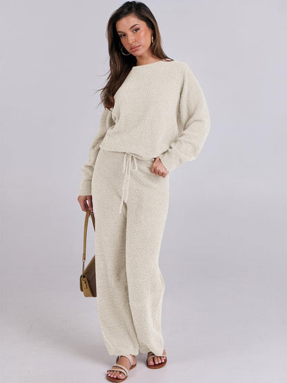 ANRABESS Women's Fuzzy Fleece Pajama Sets 2 Piece Outfits Long Sleeve Top Wide Leg Pants Lounge Matching Set 2025 Fall Winter