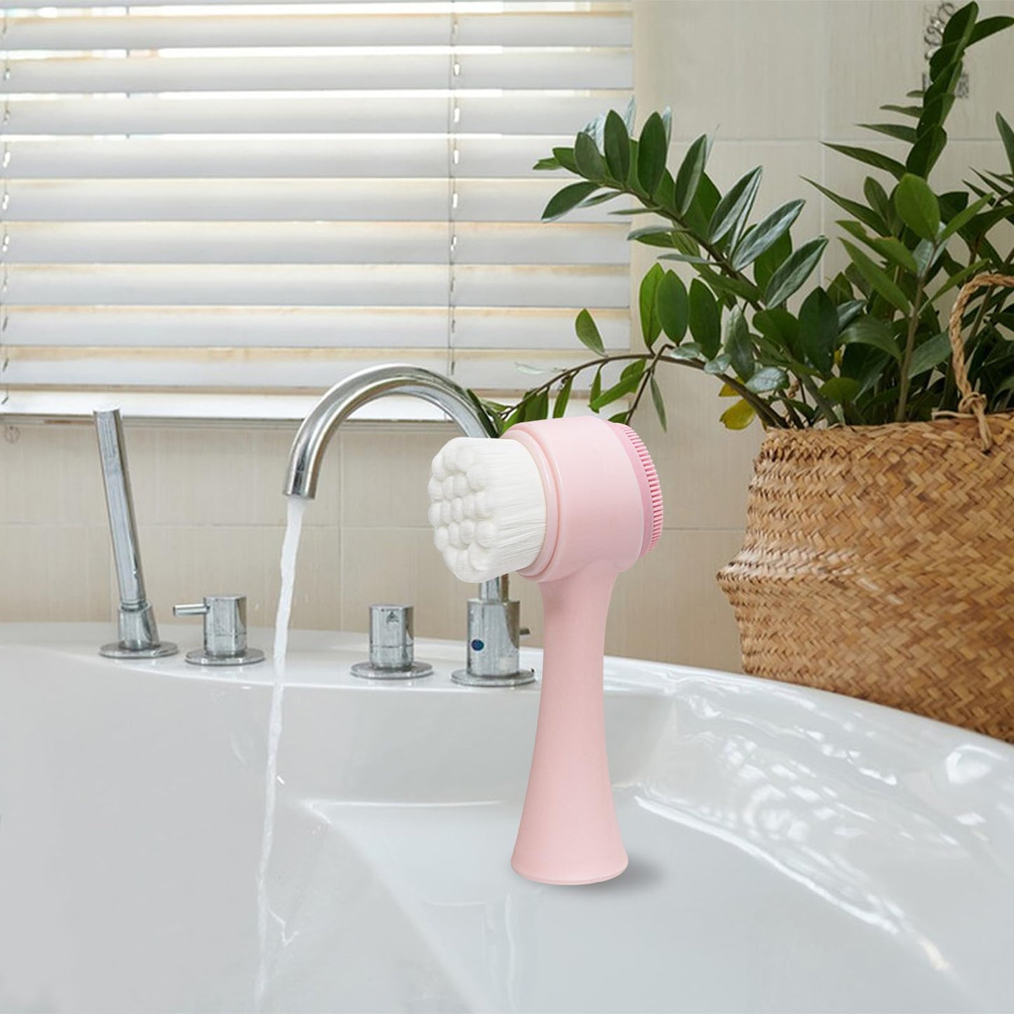 Face Brush 2 in 1, Facial Cleansing Exfoliating Scrubber Brush, Silicone Double Side Manual Face Wash Scrub Brush with Soft Bamboo Charcoal Fiber for Deep Pore Cleansing, Massaging, Skin Care