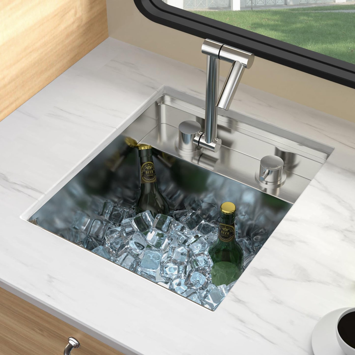 Lordear 15x17 Indoor Outdoor Kitchen Sink with Foldable Faucet Samll Bar Prep 16 Gauge T304 Stainless Steel Single Bowl Basin for Island Camper Wet Bar Prep Mobile Home
