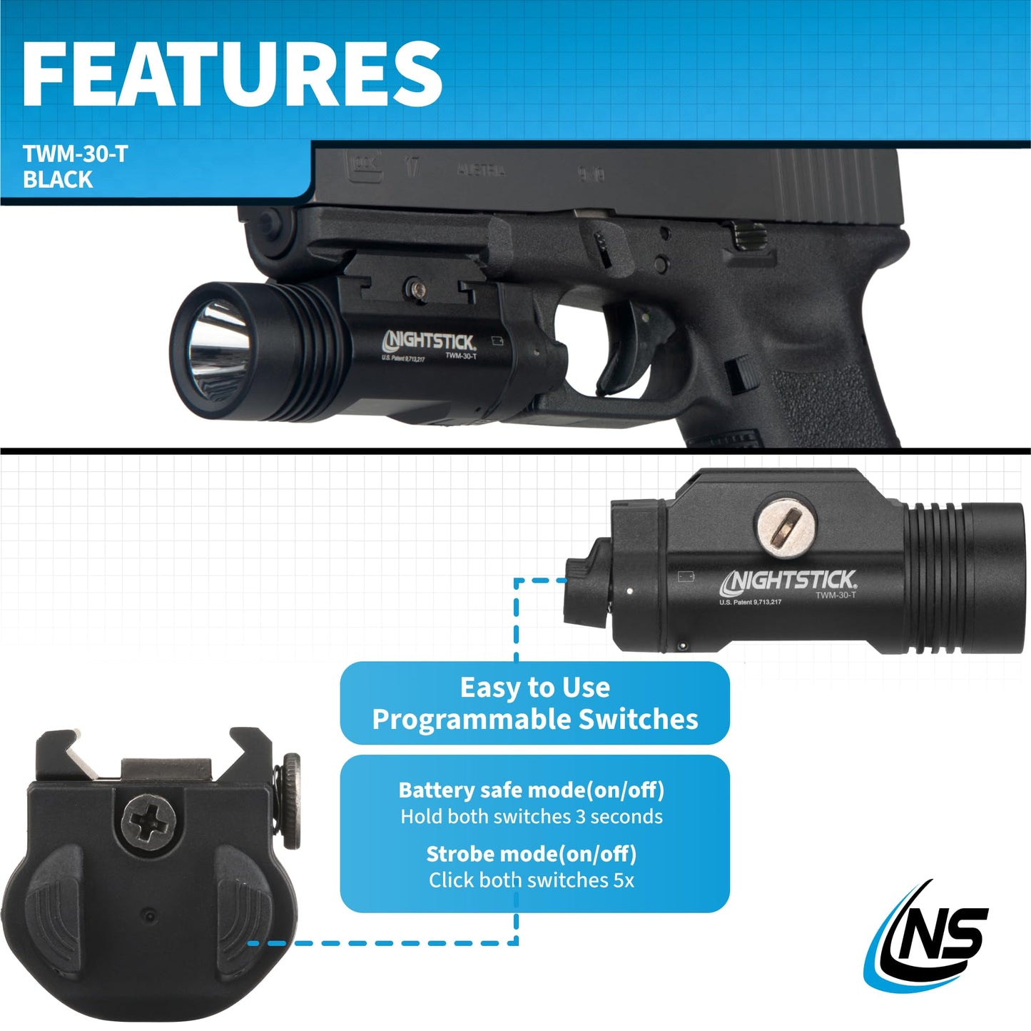 Nightstick TWM-30-T Full Size Turbo High Candela Handgun Light - 2 CR123 - Black