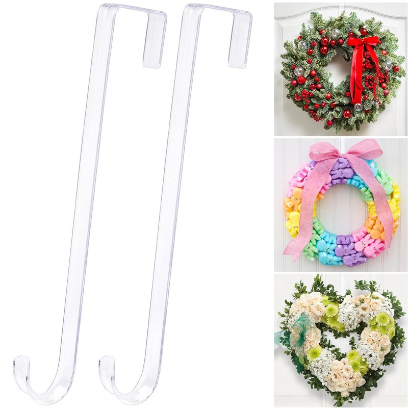 ZYSUN 15" Clear Over The Door Wreath Hanger 2 Pack - Non-Scratch, Heavy Duty 10lb Door Hook for Front Decor, Christmas, Halloween & Year-Round Home Display - Invisible Acrylic Organizer