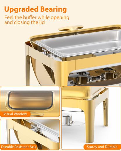 GarveeHome Roll Top Chafing Dish for Buffet, 9QT Retangle Stainless Steel Food Warmer Server with Visible Lid Water Pan Stand Fuel Holder Clip,for Parties, Birthday, Hotels and Weddings, Gold