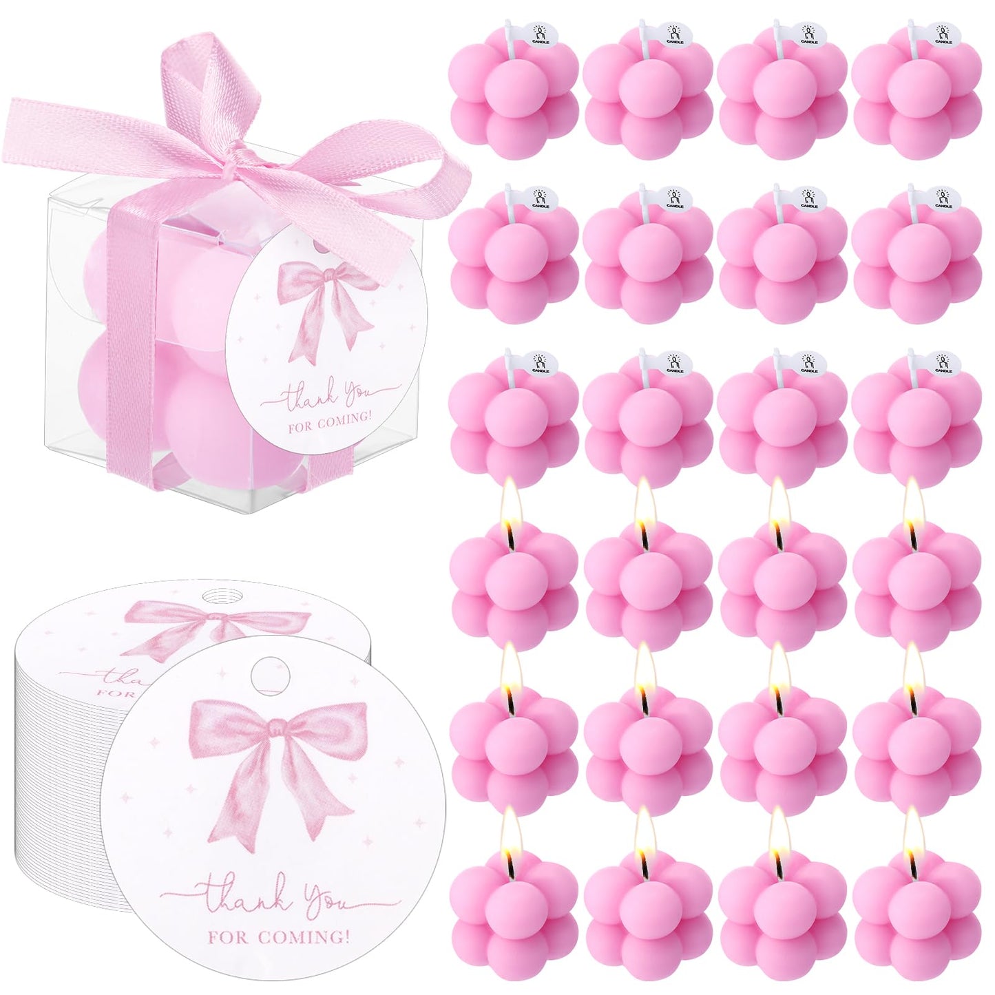 MTLEE 24 Sets Pink Bow Party Favors Small Bubble Candle Baby Shower Favors for Guests Tea Candles Bulk with Stylish Ribbons Cards Gifts Party Decoration(Bright Pink,Bow)