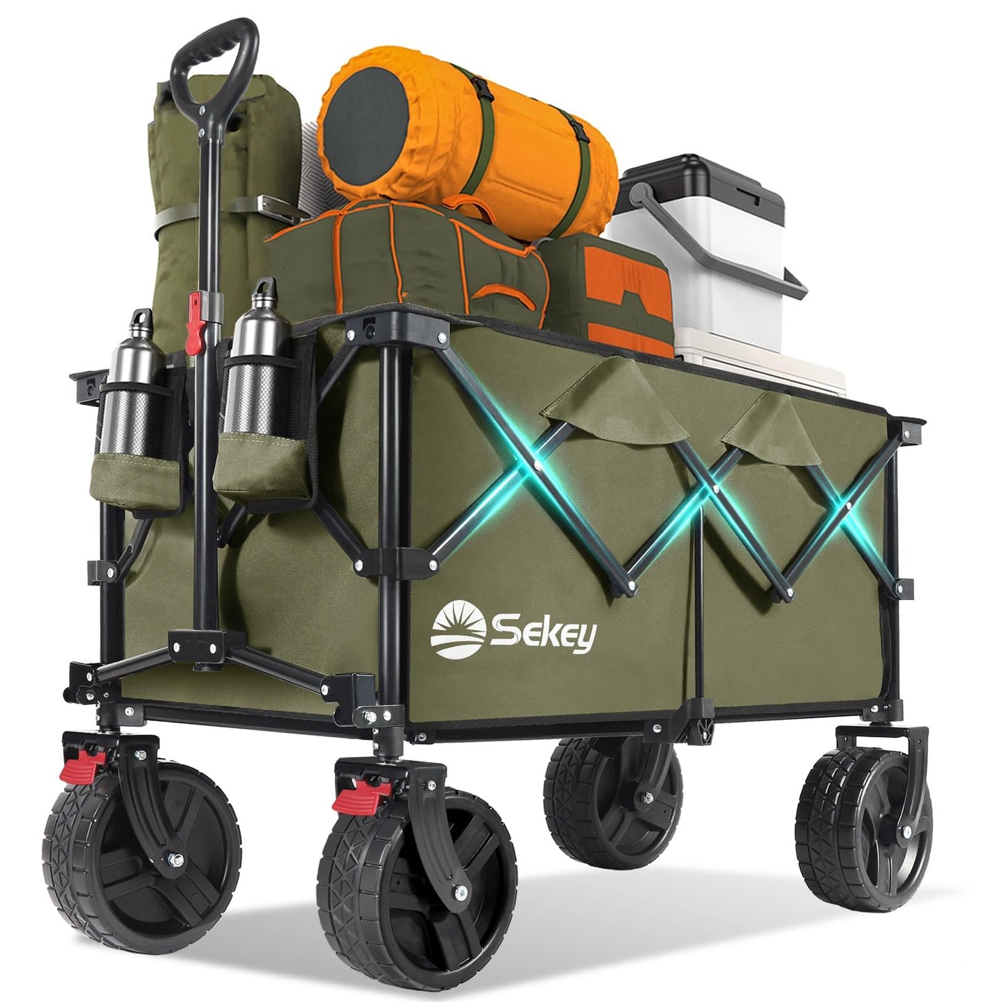 Sekey 220L Wagons Carts Foldable with Big All-Terrian Beach Wheels, Collapsible Heavy DutyWagon with Cup Holders, Extra Large Folding Wagon,Foldable Wagon for Camping, Garden, Sports. Khaki